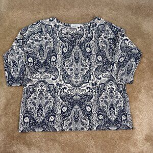 Liz Claiborne Woman Paisley Long Sleeve Top T-Shirt Blouse Size 1X Stretch White